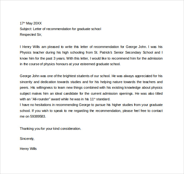 letter of recommendation for graduate school in word for free