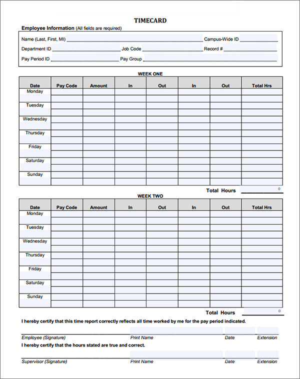 2 weeks timecard template