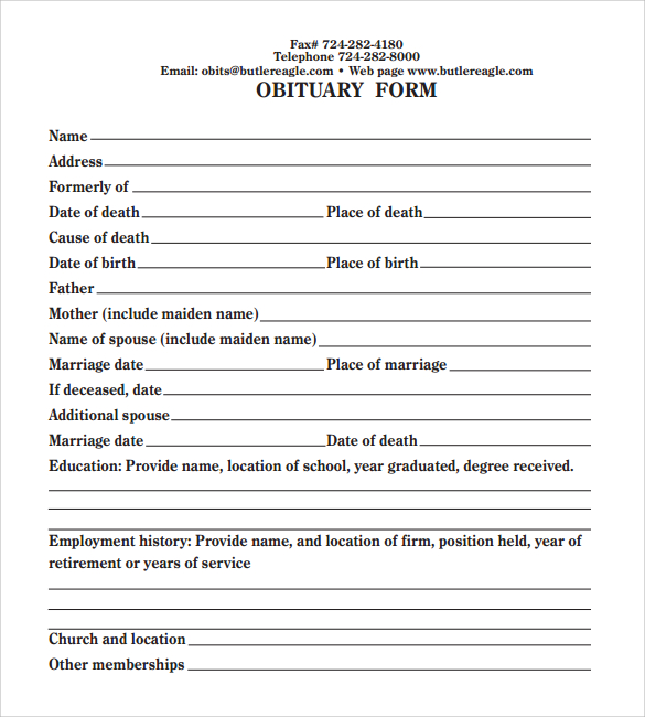 sample obituary form