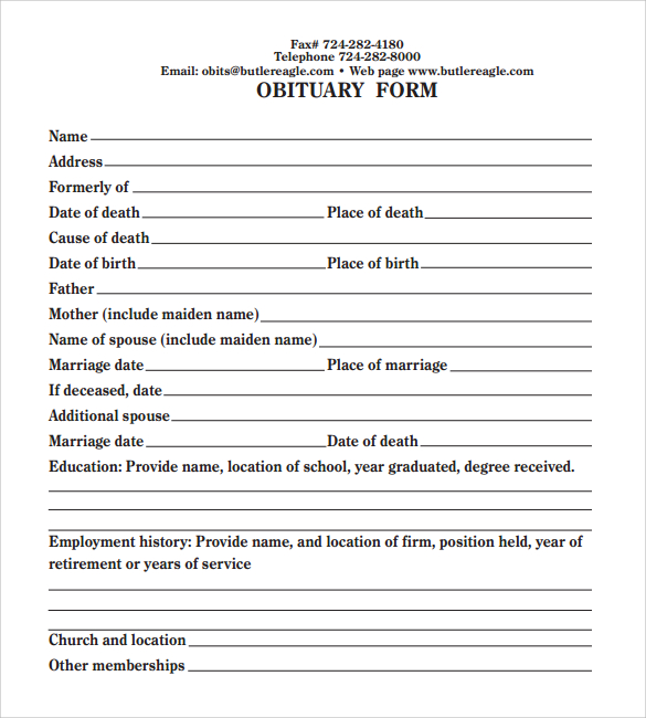 form for obituary Word, 11   in Template PDF, Obituary PSD Sample  Documents