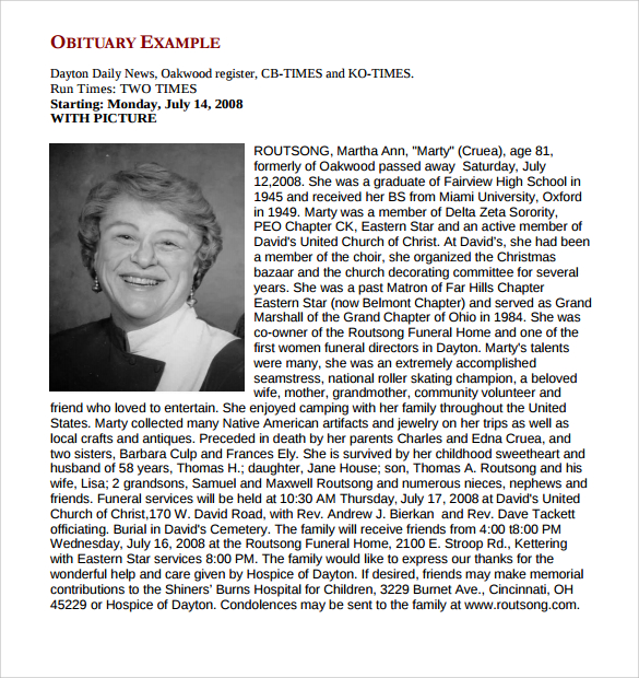 obituary template example