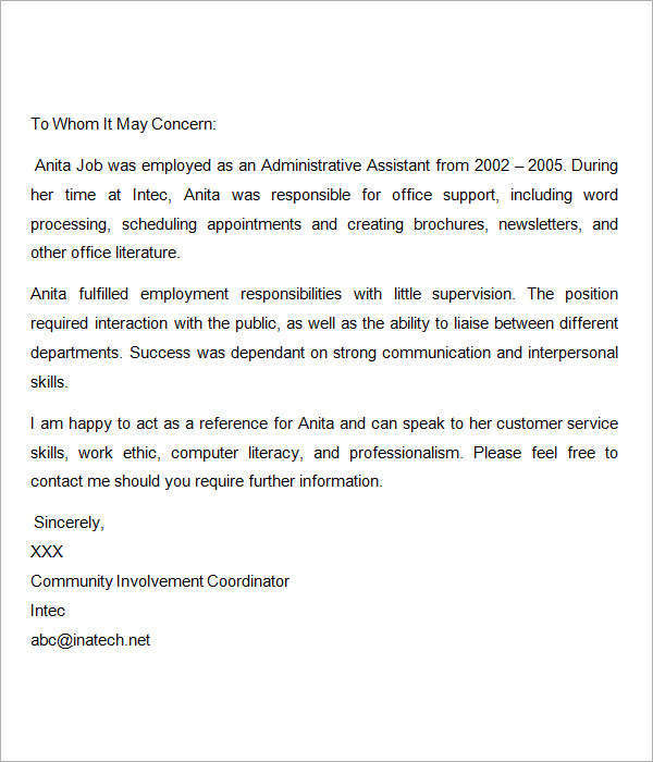 Sample Letter Of Recommendation For A Job Position