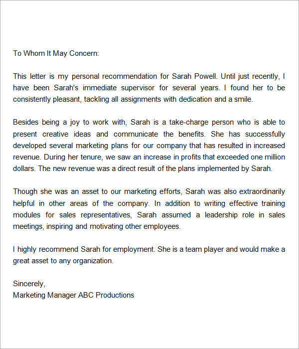 recommendation letter for employment from manager2