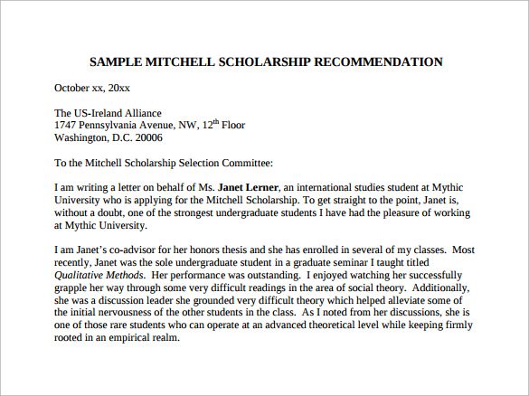 Letters of Recommendation for Student for Scholarship PDF Free ...