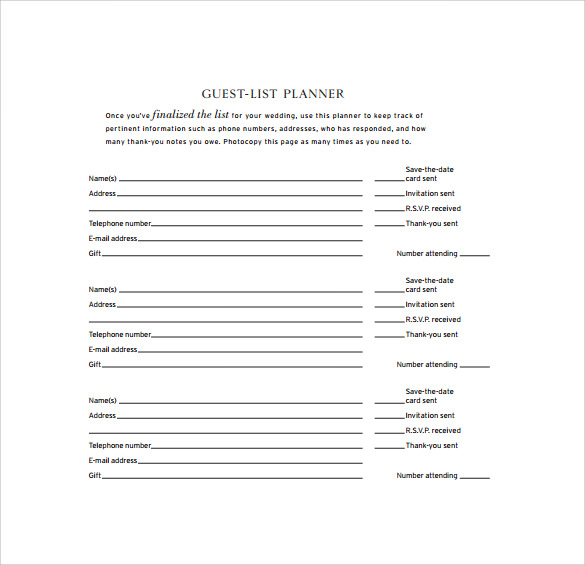 Wedding Guest List Printable Template DocTemplates