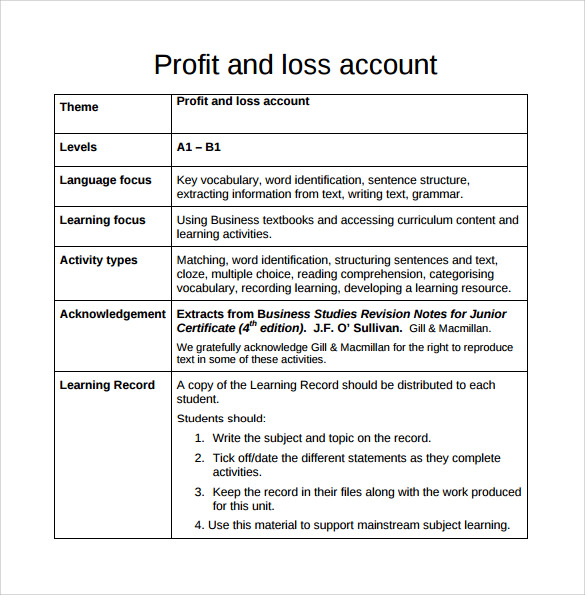 Business Profit and Loss Template