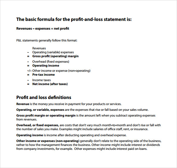 sample profit and loss formula template