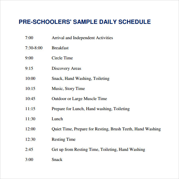 pre school daily schedule template