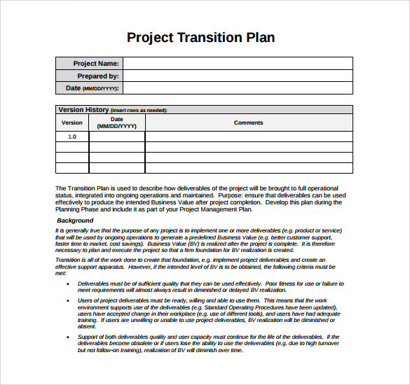 project transition plan template 