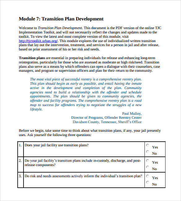 development transition plan template