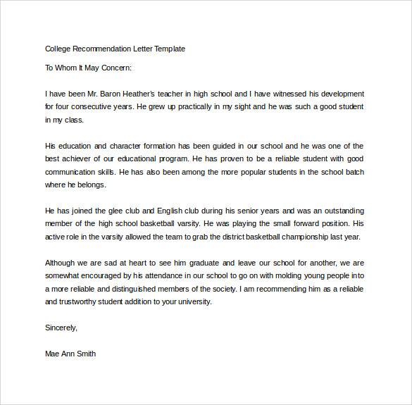 college recommendation letter template in word