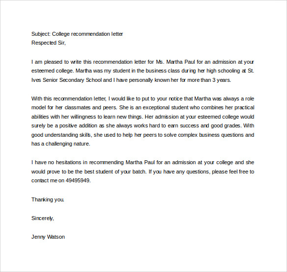sample college recommendation letter to download