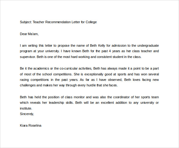 teacher recommendation letter for college