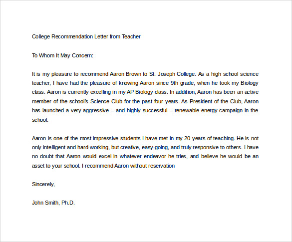 sample college recommendation letter from teacher
