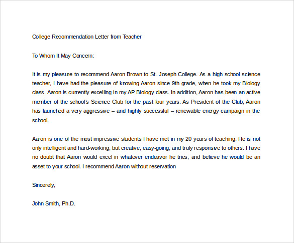 Sample Recommendation Letter For High School Student Entering College