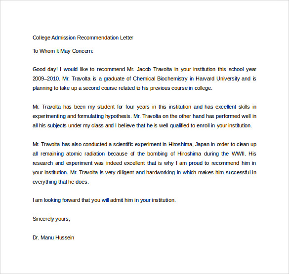 Reference Letter To School Admission
