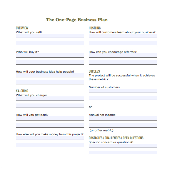 one page business plan template