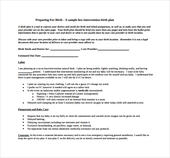 low intervention birth plan template