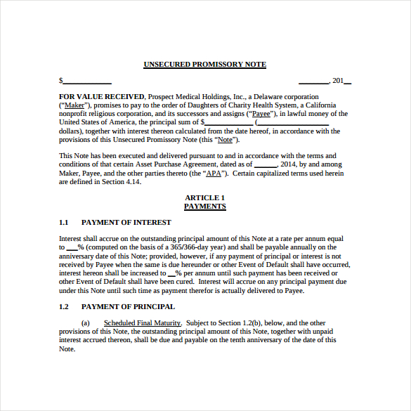 unsecured promissory note template