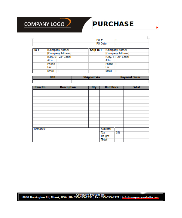 purchase order form template sample