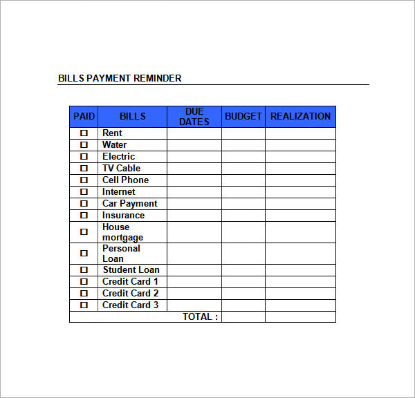 list of bills to pay excel