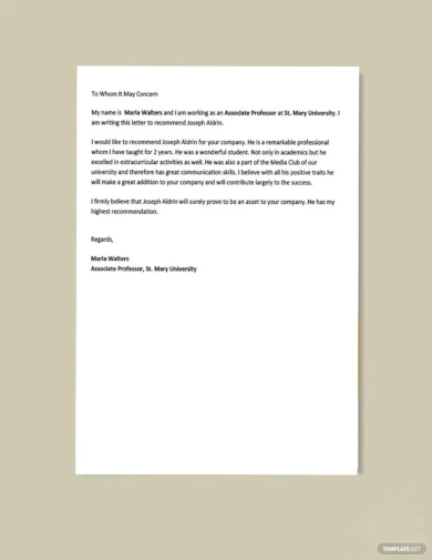 academic recommendation letter template