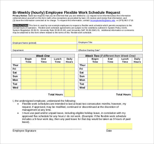 bi weekly hourly schedule template