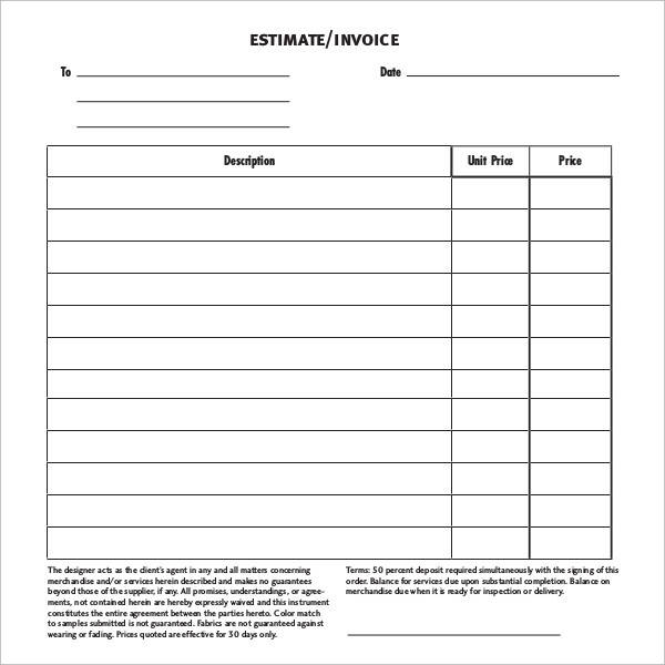 blank estimate invoice