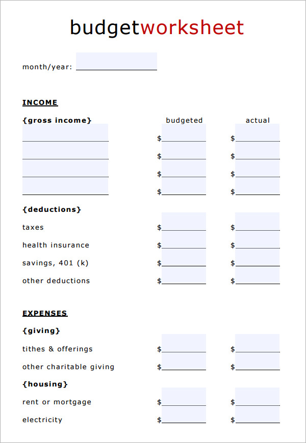 blank household budget template