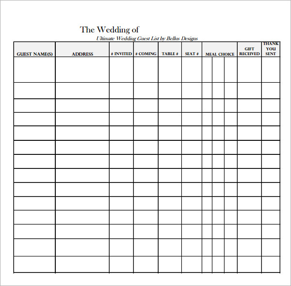 FREE 17  Wedding Guest List Templates in PDF MS Word Excel