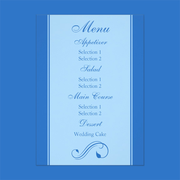 blue floral curls wedding reception dinner menu