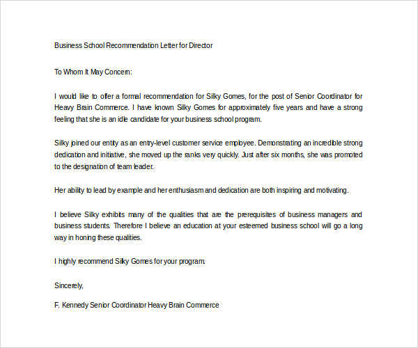 business school recommendation letter for director