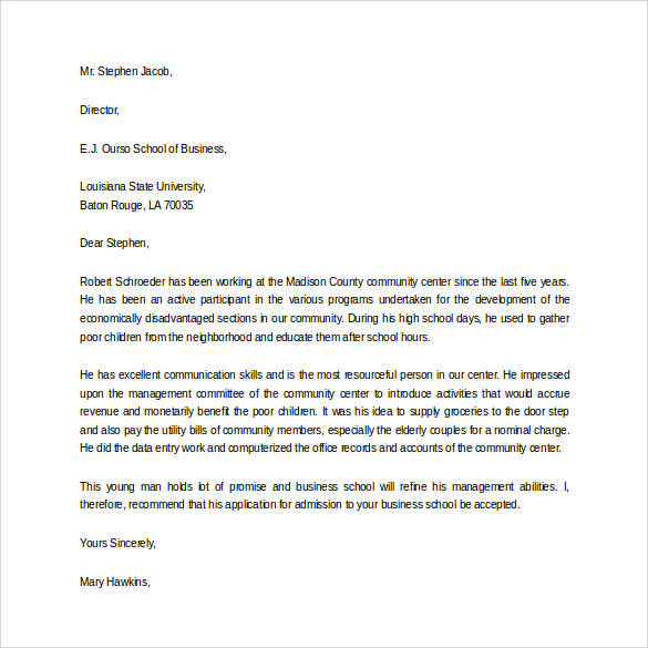 business school recommendation letter