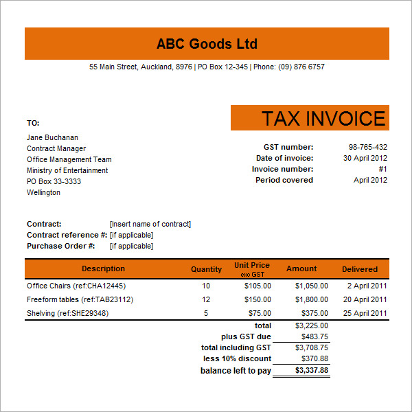 commercial tax invoice template excel