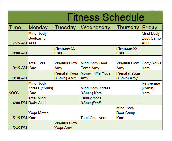 Weekly fitness schedule Template