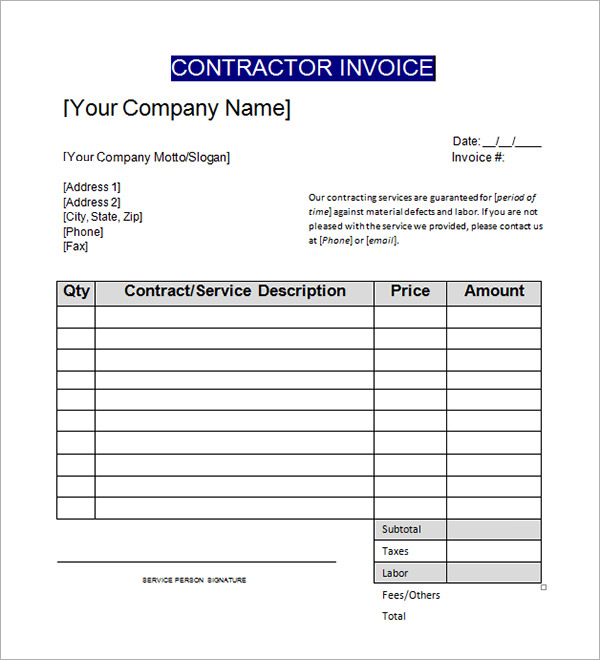 Free Printable Contractor Invoice Forms