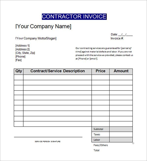 Sample Contractor Invoice Templates 14 Free Documents In Word PDF 