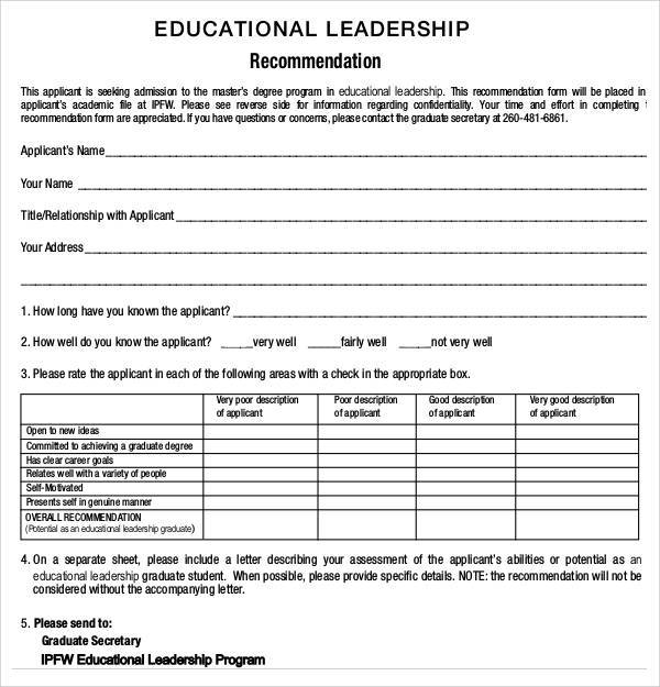 education leadership recommendation letter
