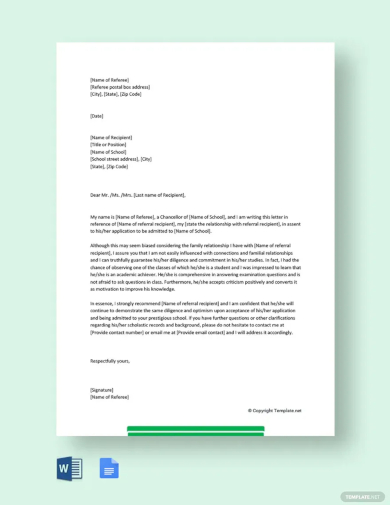 family reference letter for school application template