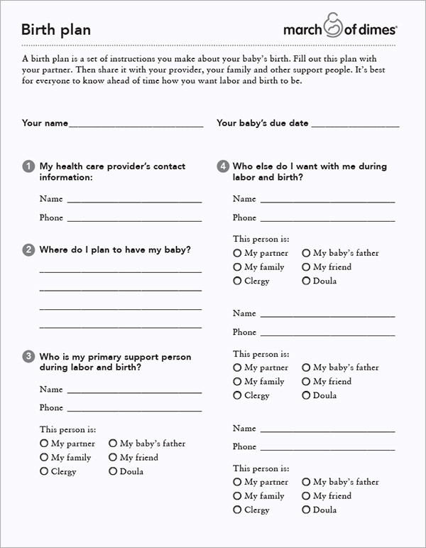 Free Printable Birth Plan Worksheet