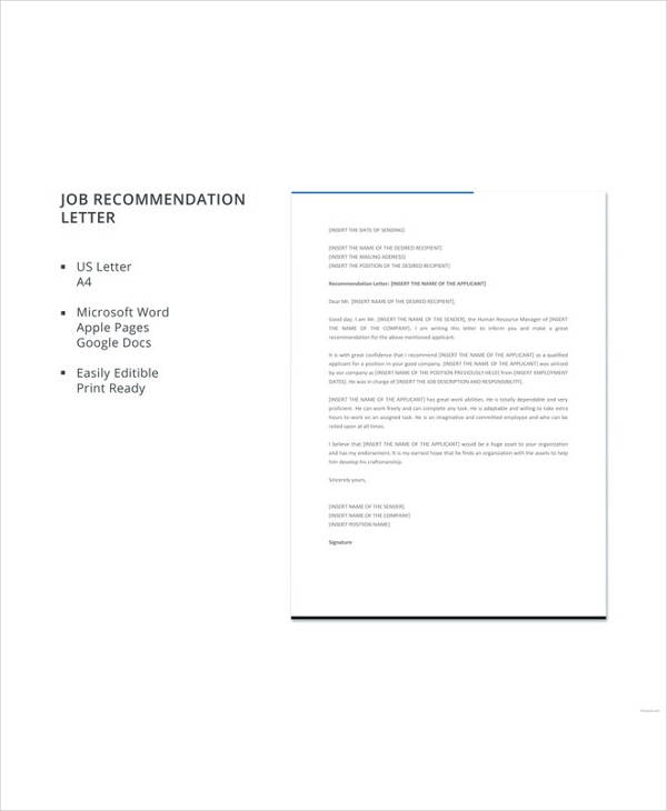 free job recommendation letter