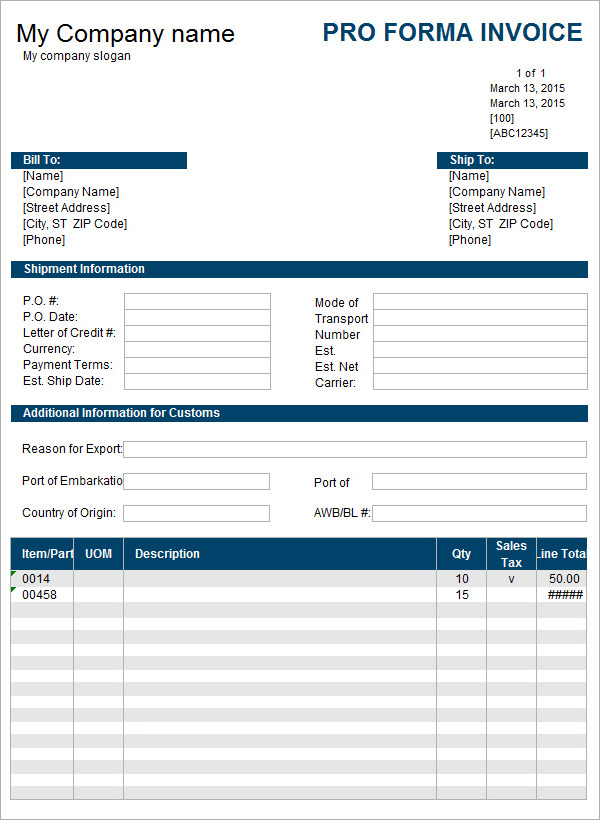 excel proforma invoice template