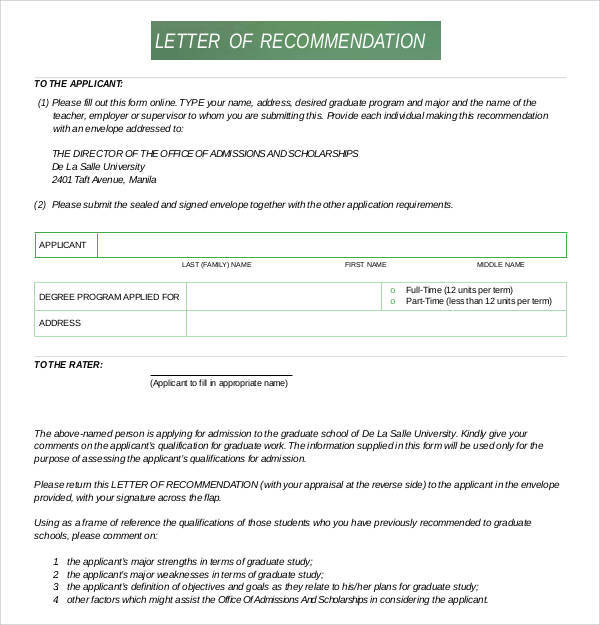 graduate school letter of recommendation for supervisor