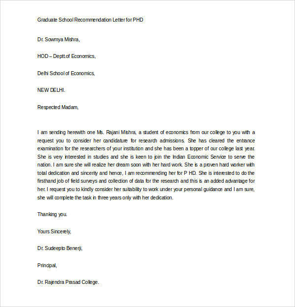 graduate school recommendation letter for phd