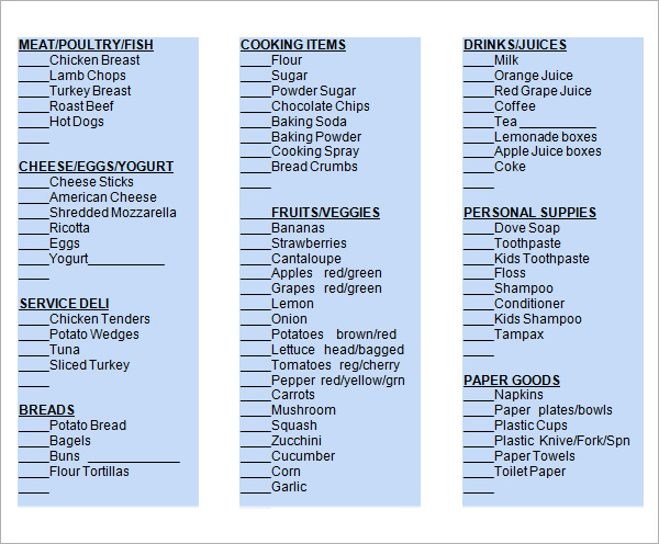 free 9 printable grocery list templates in ms word excel pdf