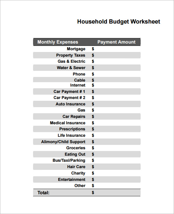 free household budget worksheet pdf