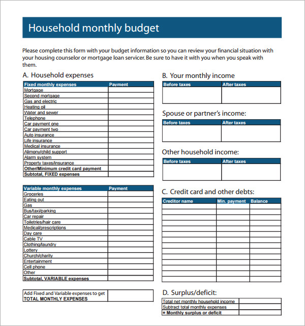 household monthly budget template