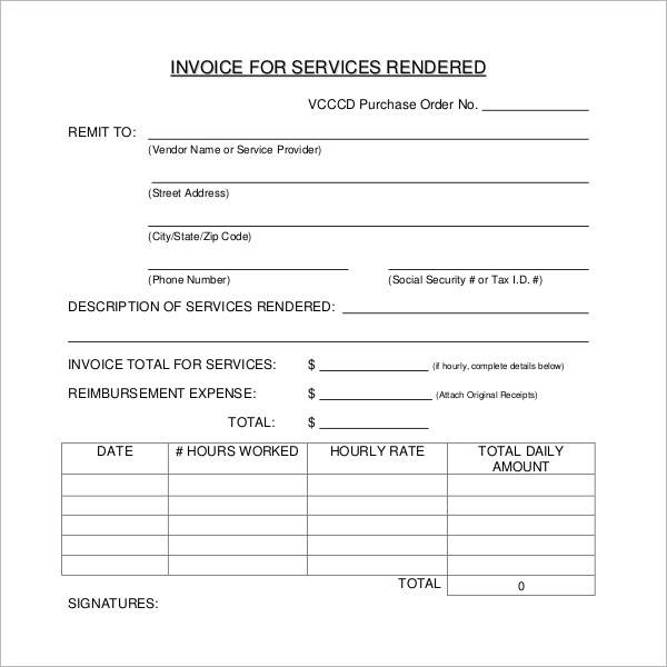 invoice for services rendered