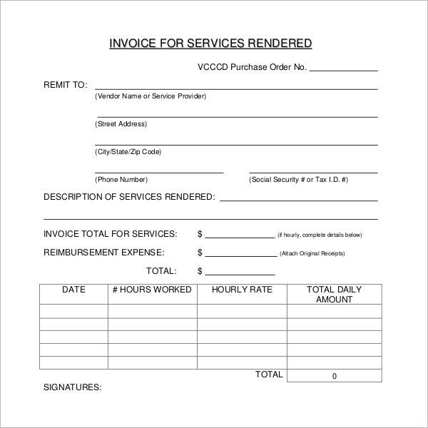 example of invoices for services rendered