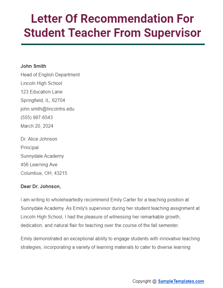 letter of recommendation for student teacher from supervisor